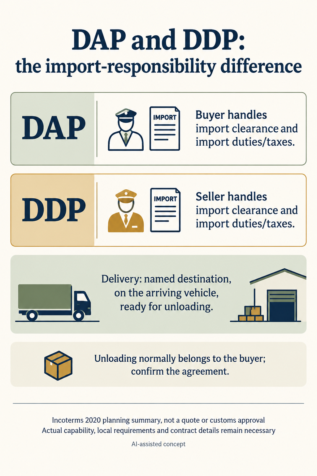 Concept. A bounded Incoterms 2020 responsibility summary, not the full rules, a quote or customs determination. Actual capabilities, local requirements and contract variations need their own review.