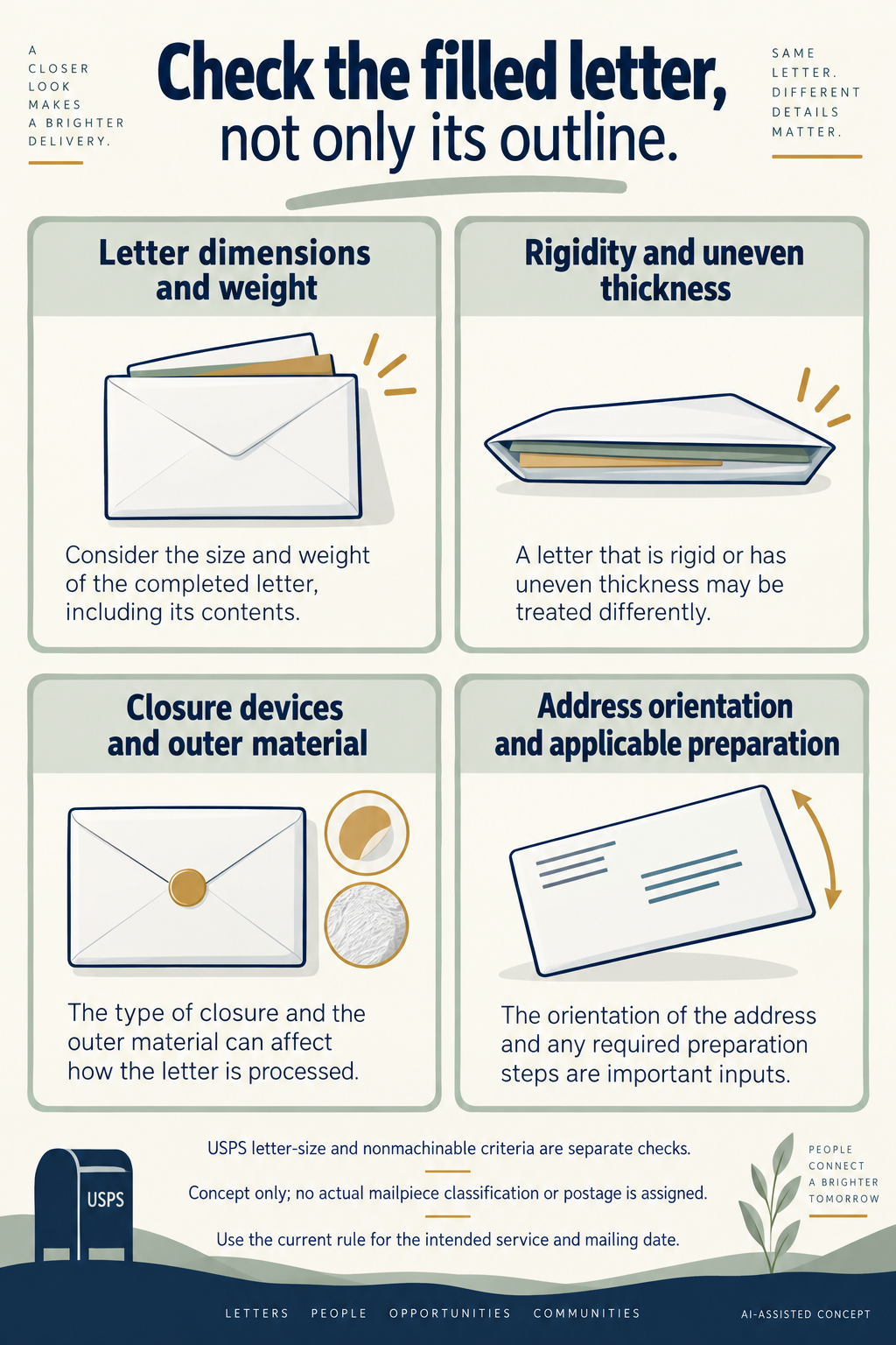 Concept. The four panels identify inputs, not a rigidity test, accepted mailpiece or comprehensive USPS rule. Current service, date and actual filled-item facts remain necessary.