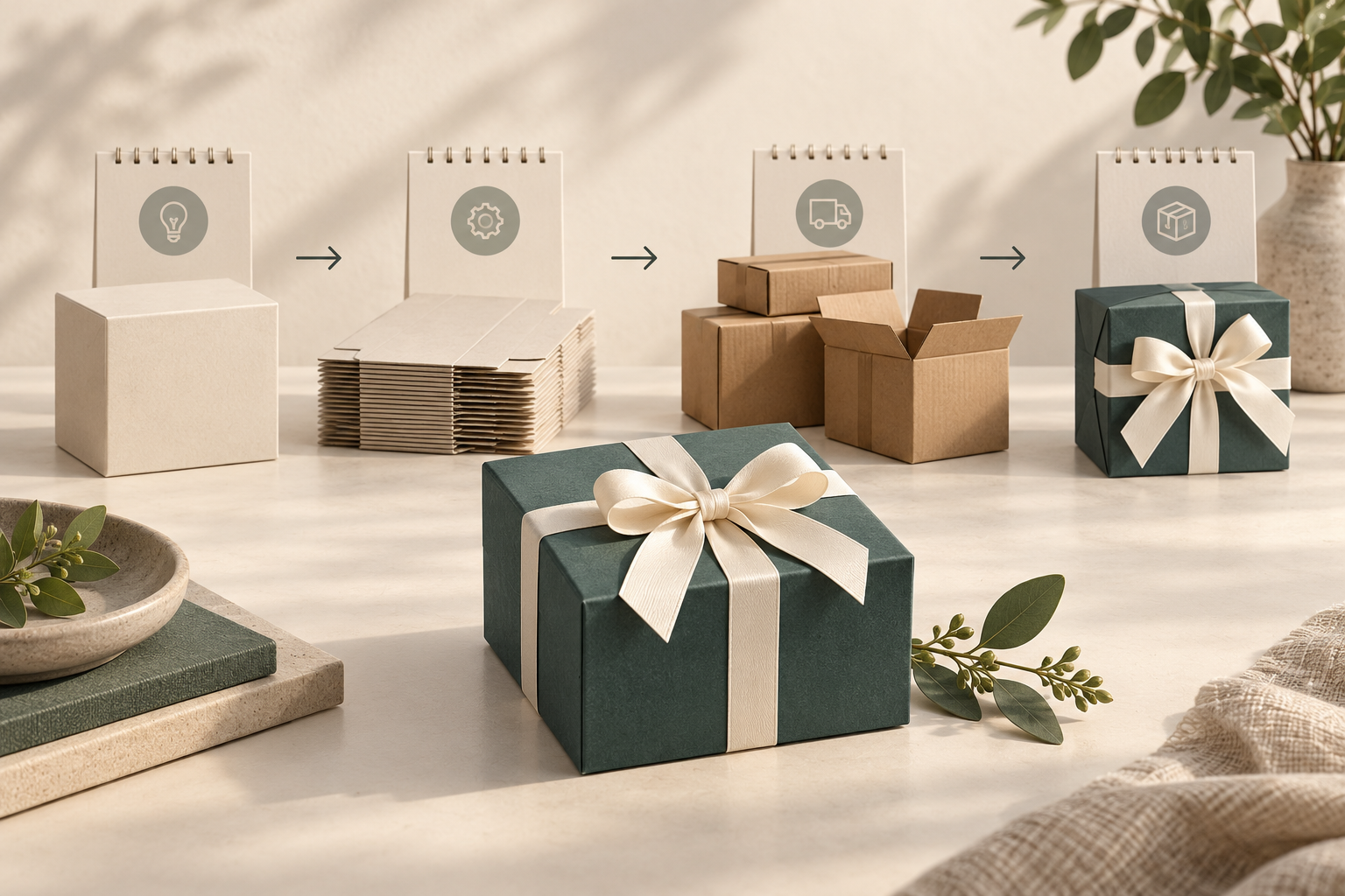 Packaging preparation stages arranged beside small calendar-style icon cards
