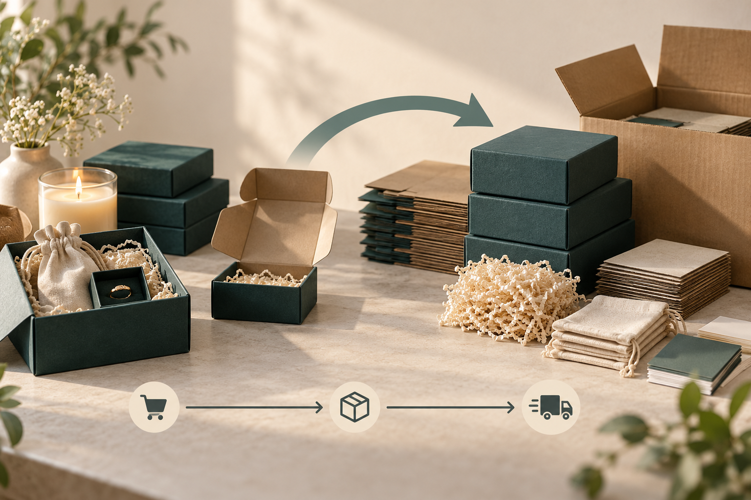 Flat and formed gift boxes beside shipping cartons and procurement-sequence icons