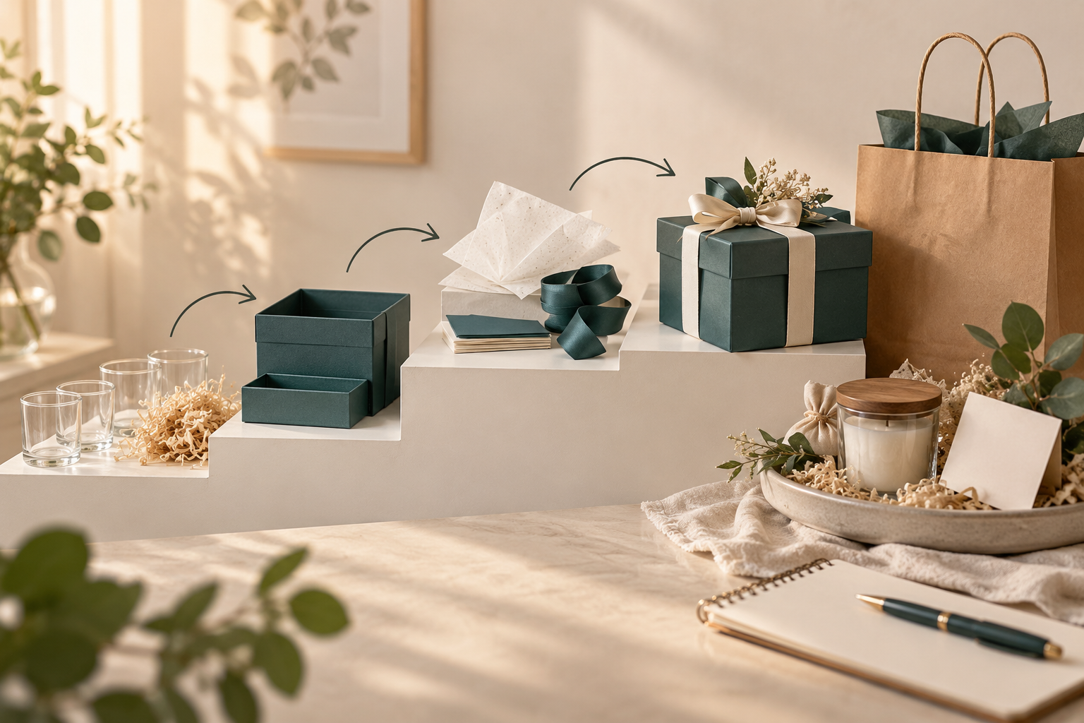 Gift-pack components and finished presentations arranged on stepped pedestals with directional arrows
