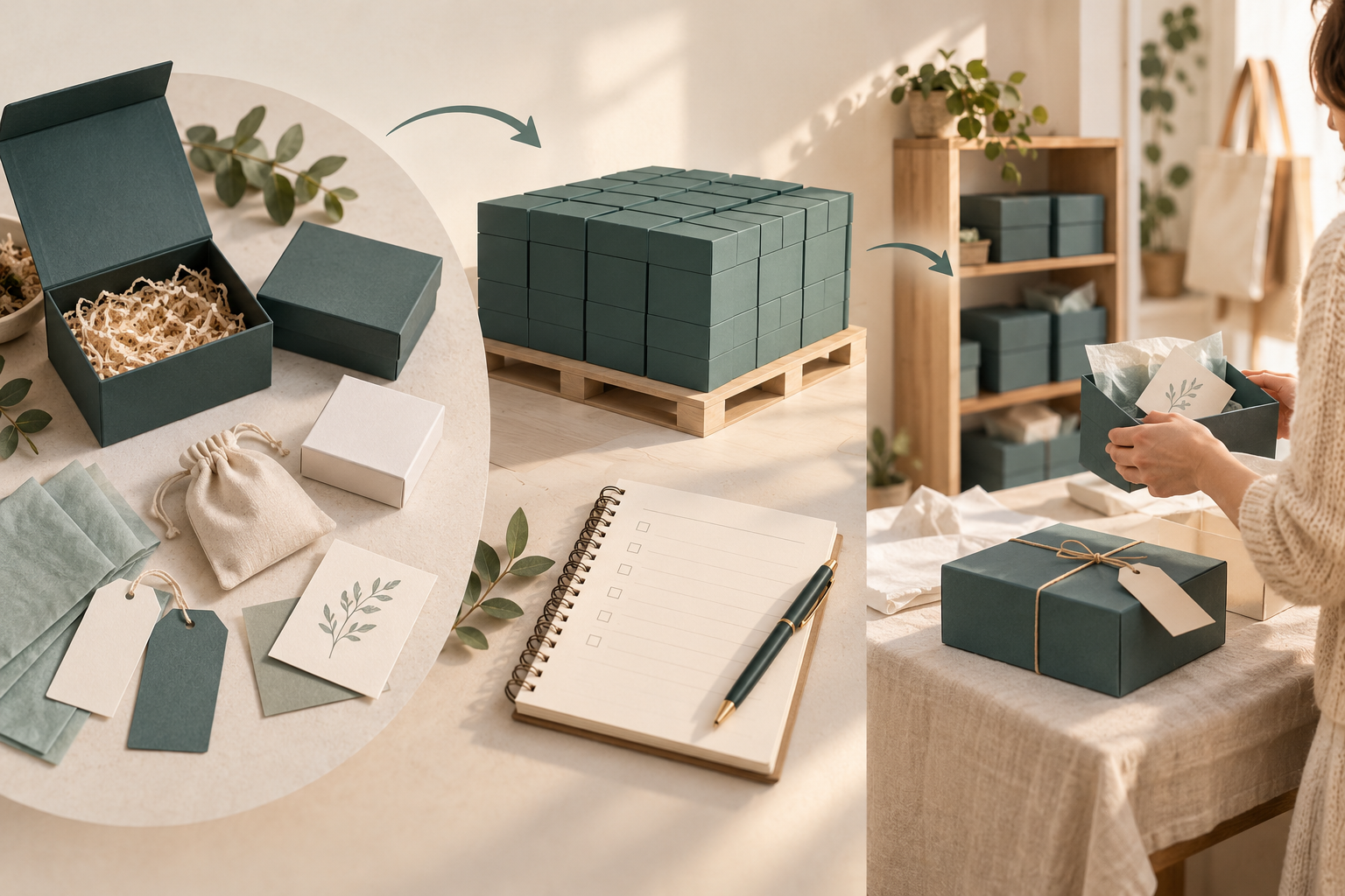 Printed packaging examples and stored boxes beside a packing workstation