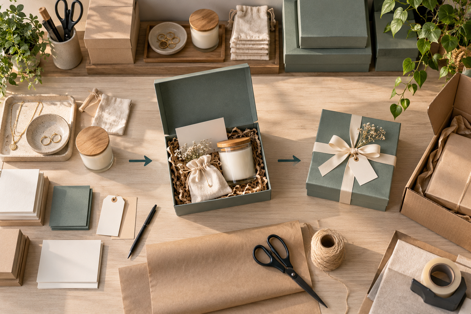 Overhead view of packing materials, an active gift, tools and a closed presentation box