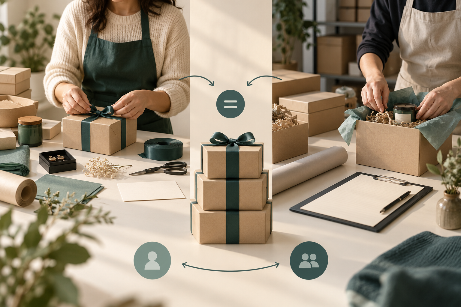 Brand-operated and external packing workstations handling the same gift requirement