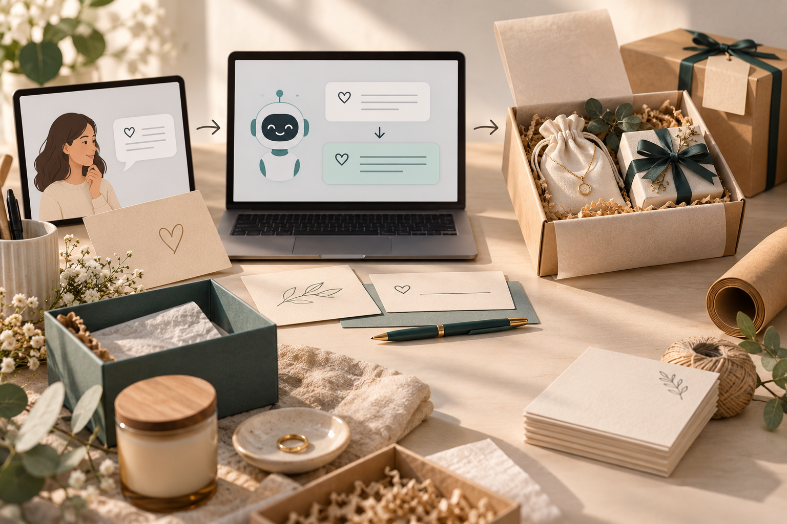 Gift cards and prepared packaging beside two order-information screens