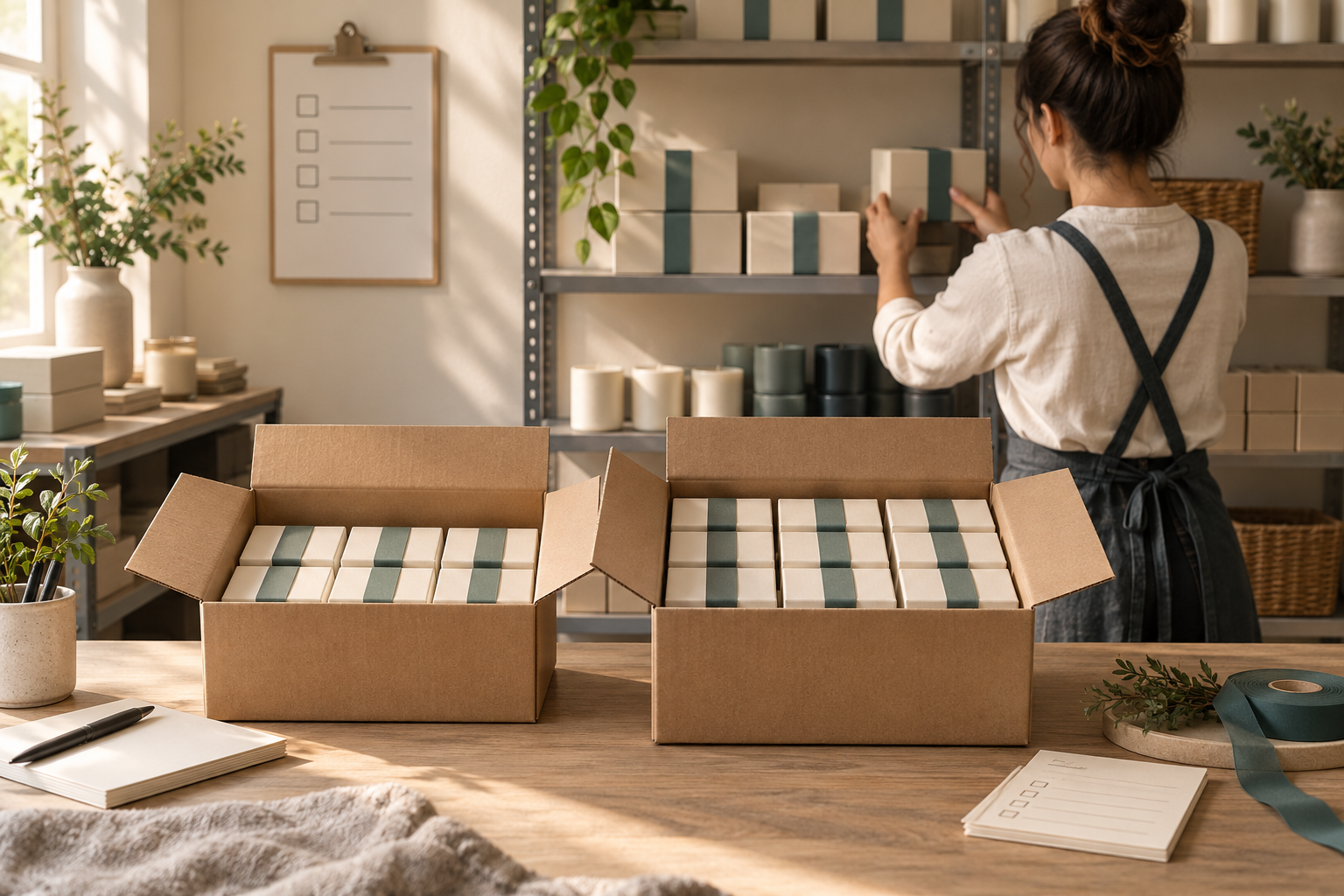 Two open shipping cases with different quantities of small gift boxes and a person stocking shelves behind them