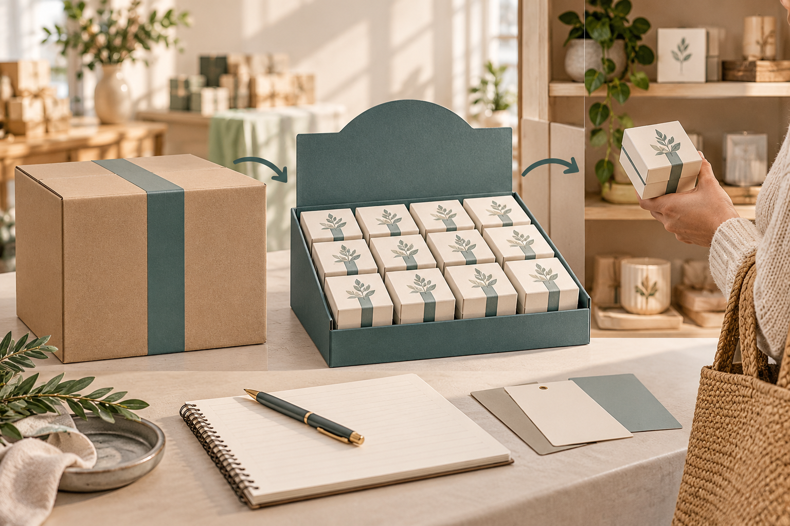 Closed shipping case, opened retail display case and one gift pack shown as a conceptual transition