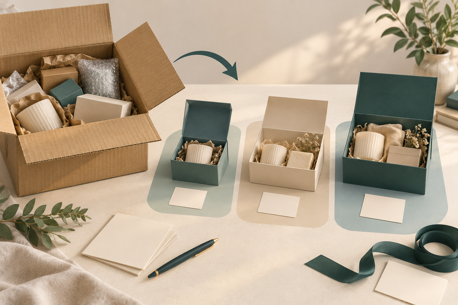 Returned shipping case beside three groups of opened presentation boxes and blank status cards