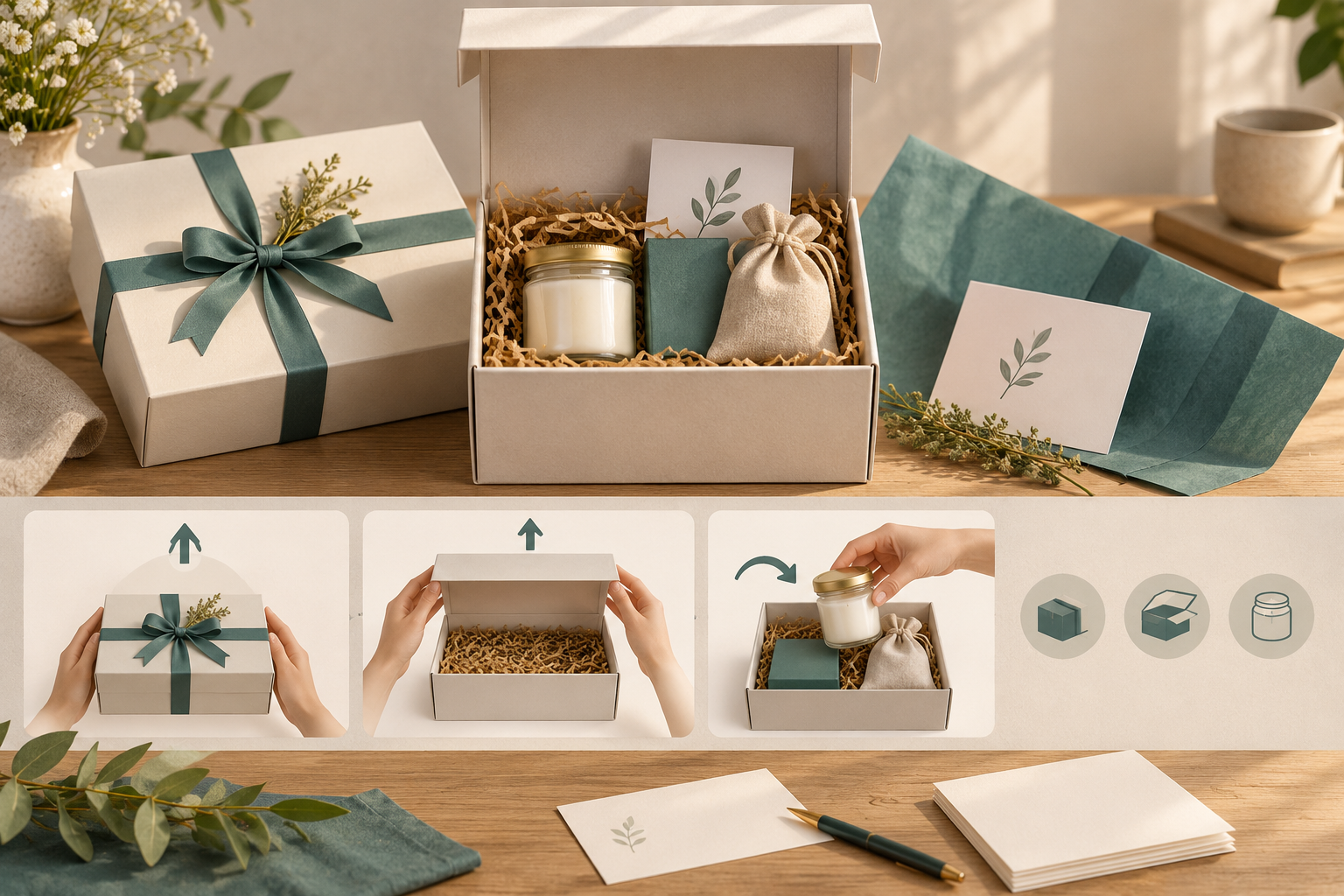 Gift box and pictorial opening frames showing a lid being lifted and contents being removed