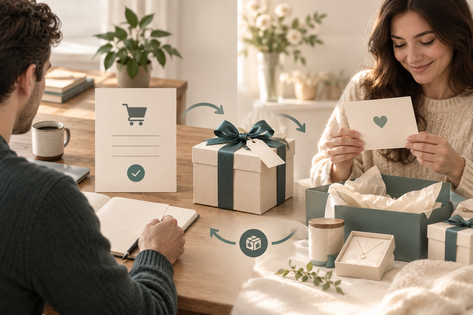 Buyer with an order card and gift recipient with a message card, linked by support and parcel icons
