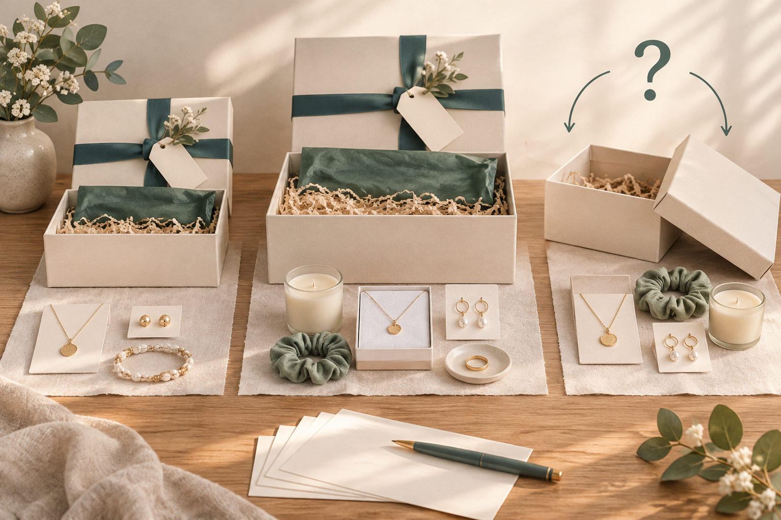 Two gift-box sizes and different product combinations beside an unresolved option marked with a question mark