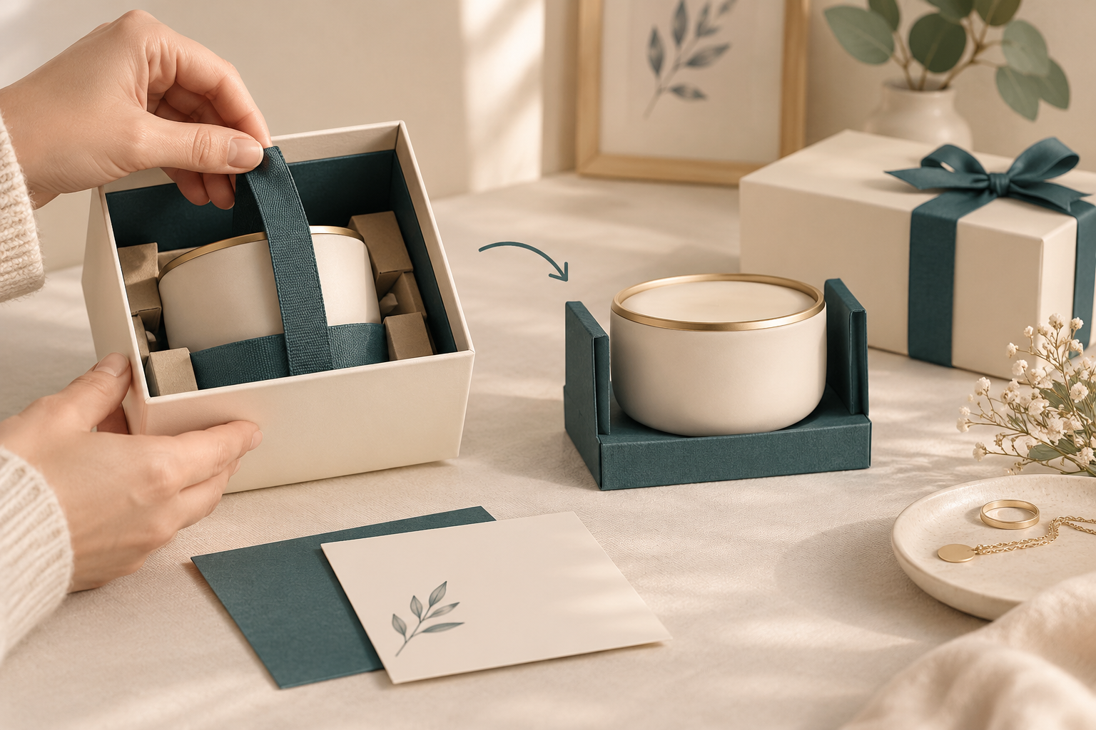 Hand lifting a ribbon restraint from a gift box beside a candle supported in a separate presentation holder