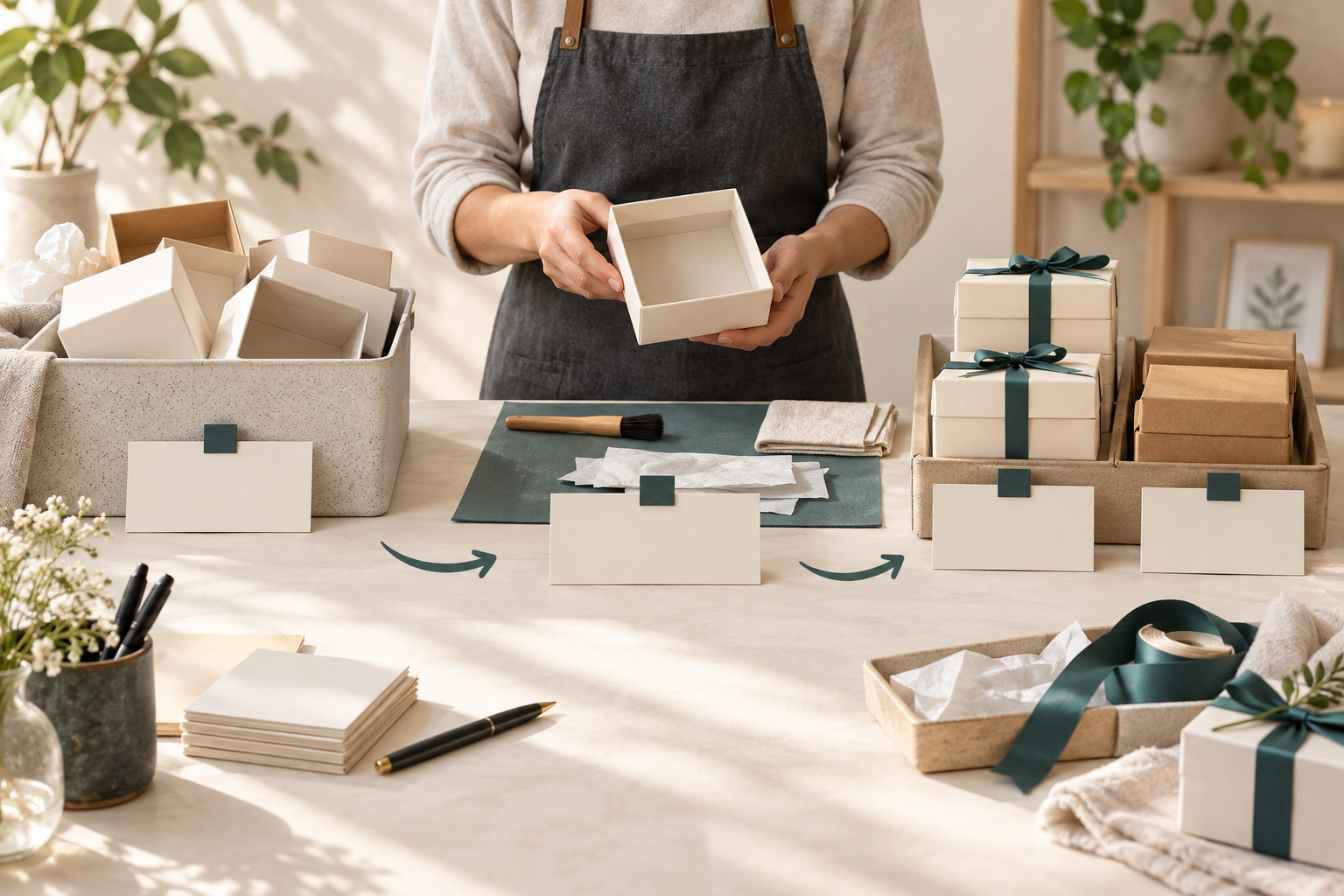 Person holding an empty box at a review bench with separated boxes, cards and wrapping materials