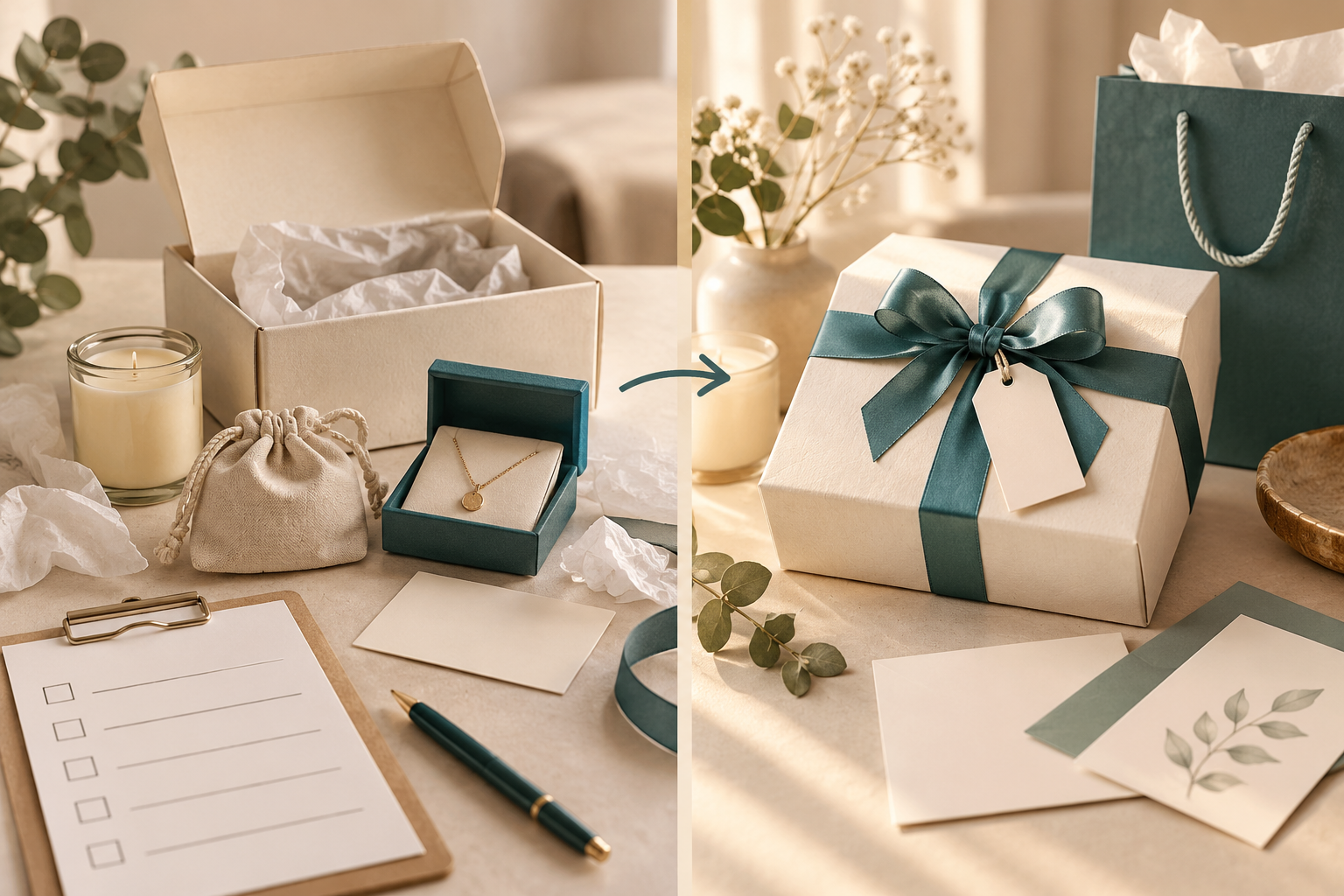 Opened gift contents and a checklist beside a completed ribboned presentation and shopping bag