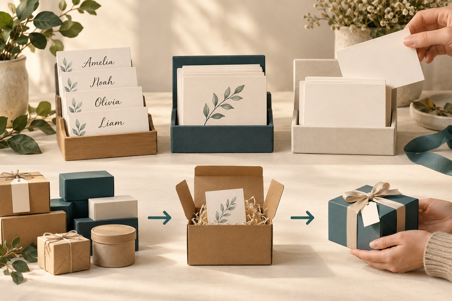 Fictional named cards, generic cards and blank cards beside gift packaging and a card application sequence