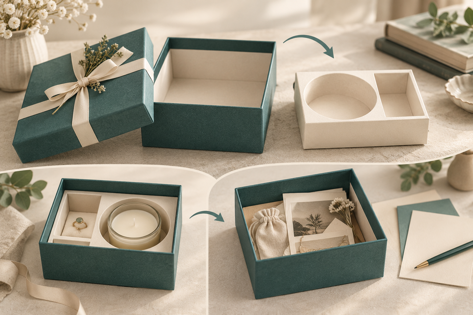 Open gift box with a removed shaped holder and two conceptual arrangements of retained storage objects