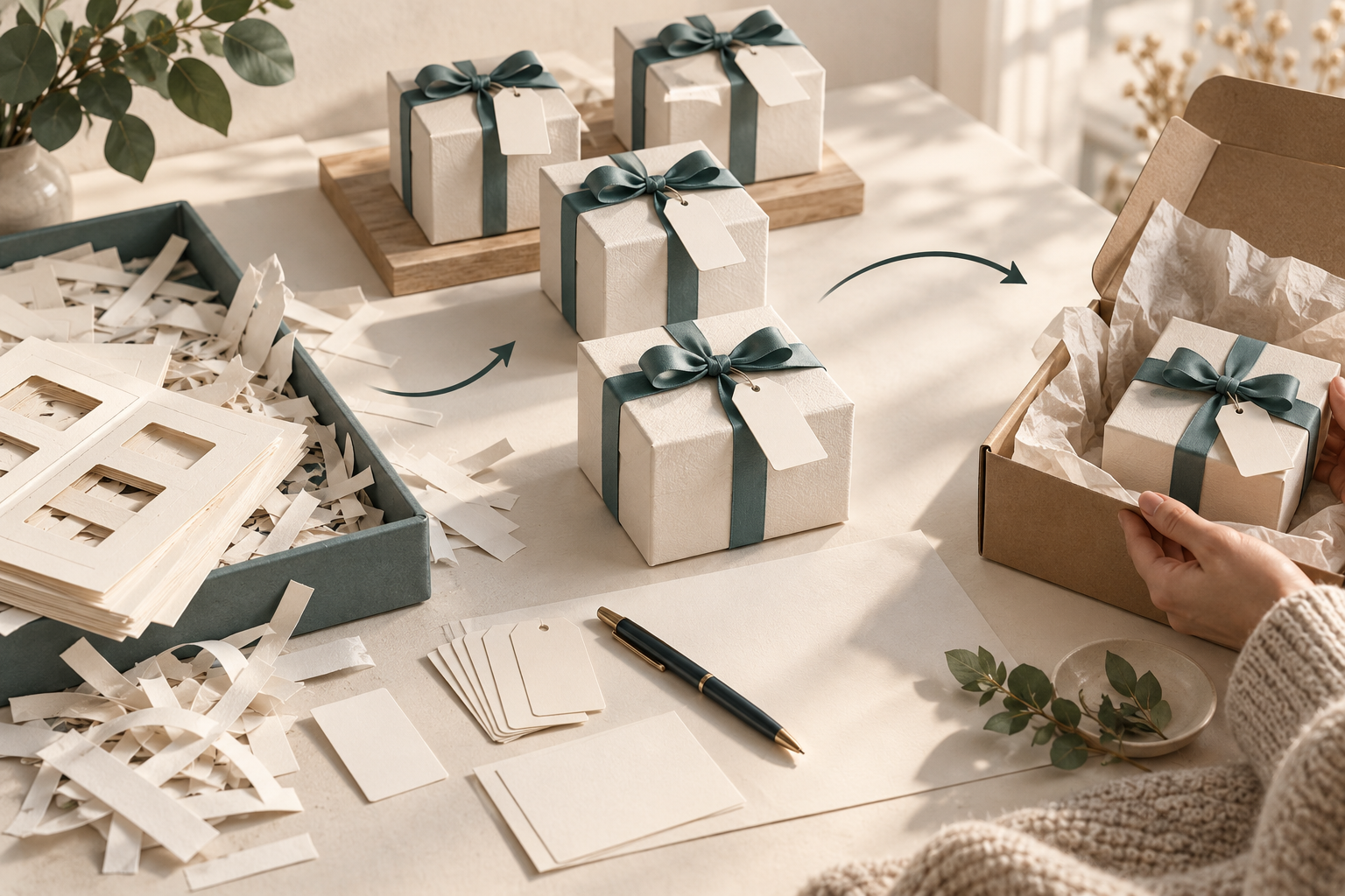 Ribboned gifts with blank hanging tags beside paper offcuts and a gift being packed into a carton