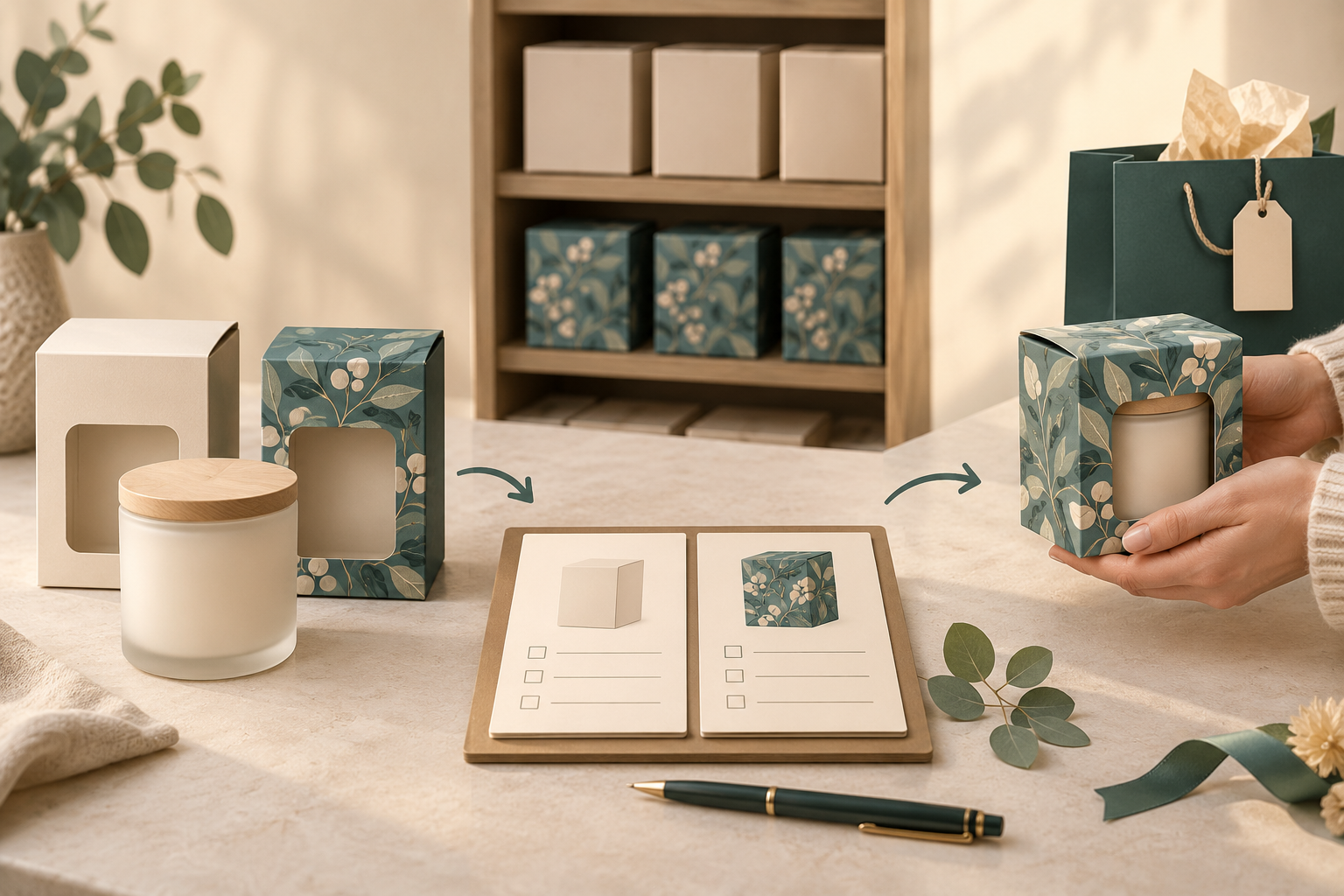Plain and printed sleeve concepts beside a candle gift and blank configuration records