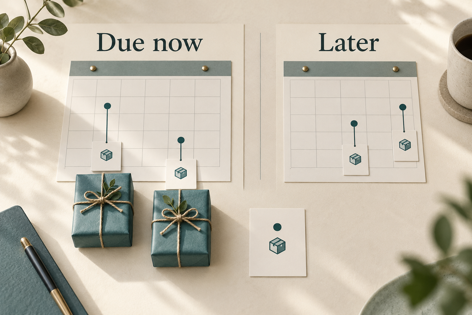 Unnumbered planning grids labeled Due now and Later, with hanging box-symbol cards, two wrapped gift boxes below Due now and a separate loose symbol card