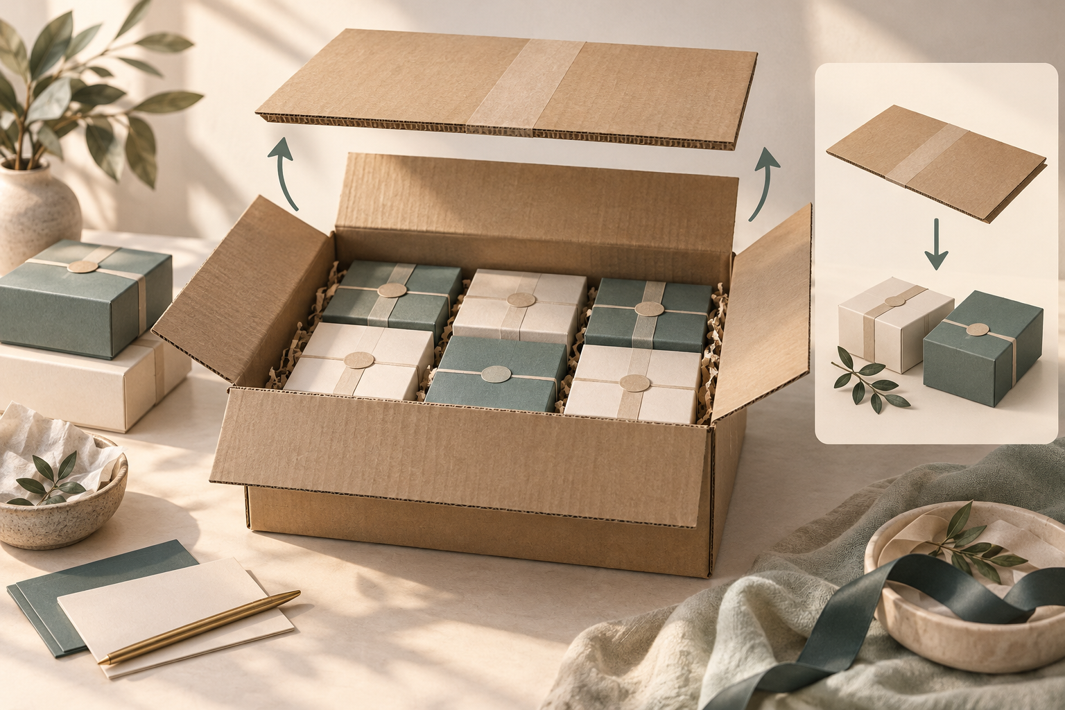 Shipping carton with gift lids beneath the top seam and a separate protective top-layer concept