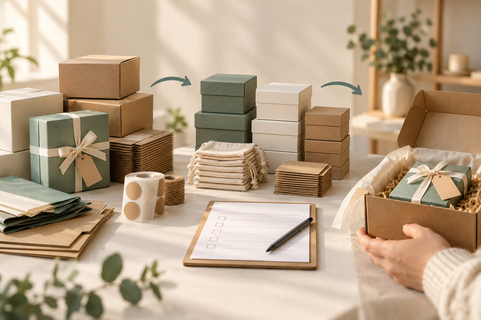 Stacks of packaging and loose components beside a physical count clipboard