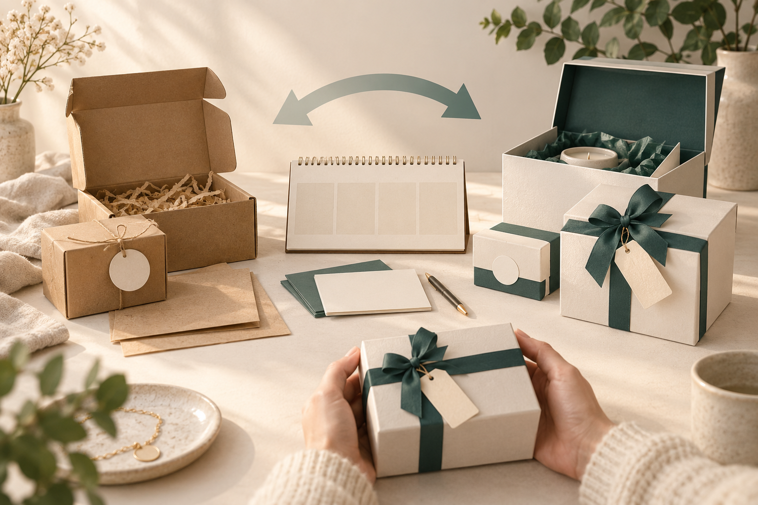 Earlier and later gift-box concepts beside a blank changeover calendar