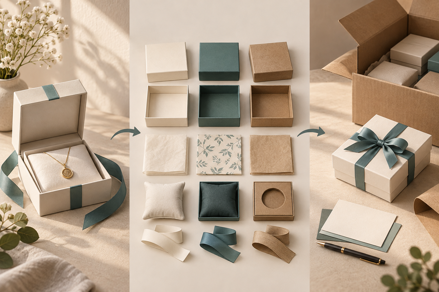 Gift box, inserts, cards and ribbons displayed as separate presentation service parts