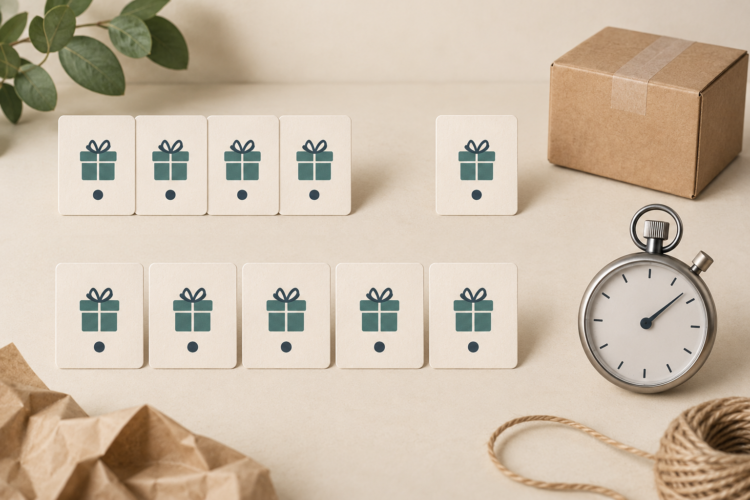 Four closely grouped gift-symbol cards and one separated card in an upper row, five spaced gift-symbol cards below, with a stopwatch and sealed kraft carton