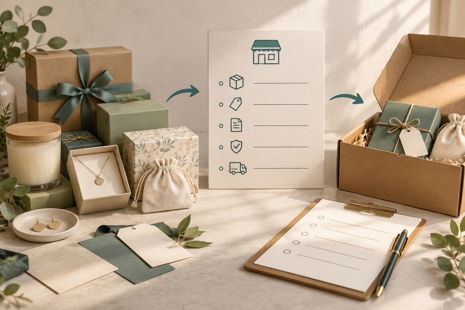 Existing gift stock compared with a fictional retailer requirement card and another packing proposal