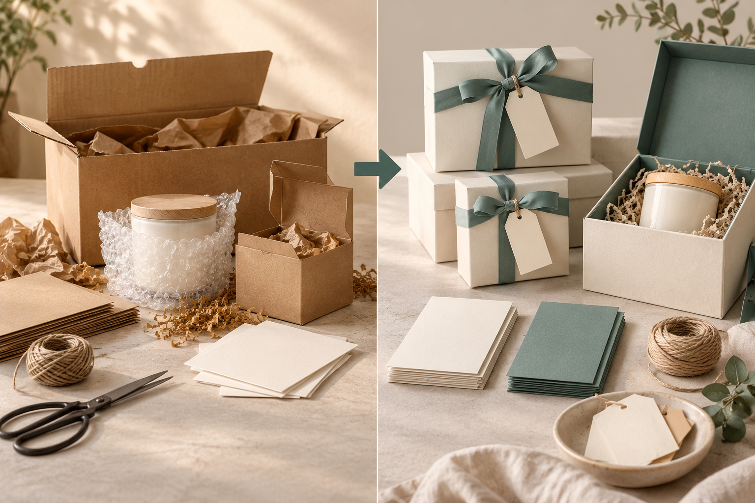 Earlier and later packing concepts shown side by side with different materials and presentation layers