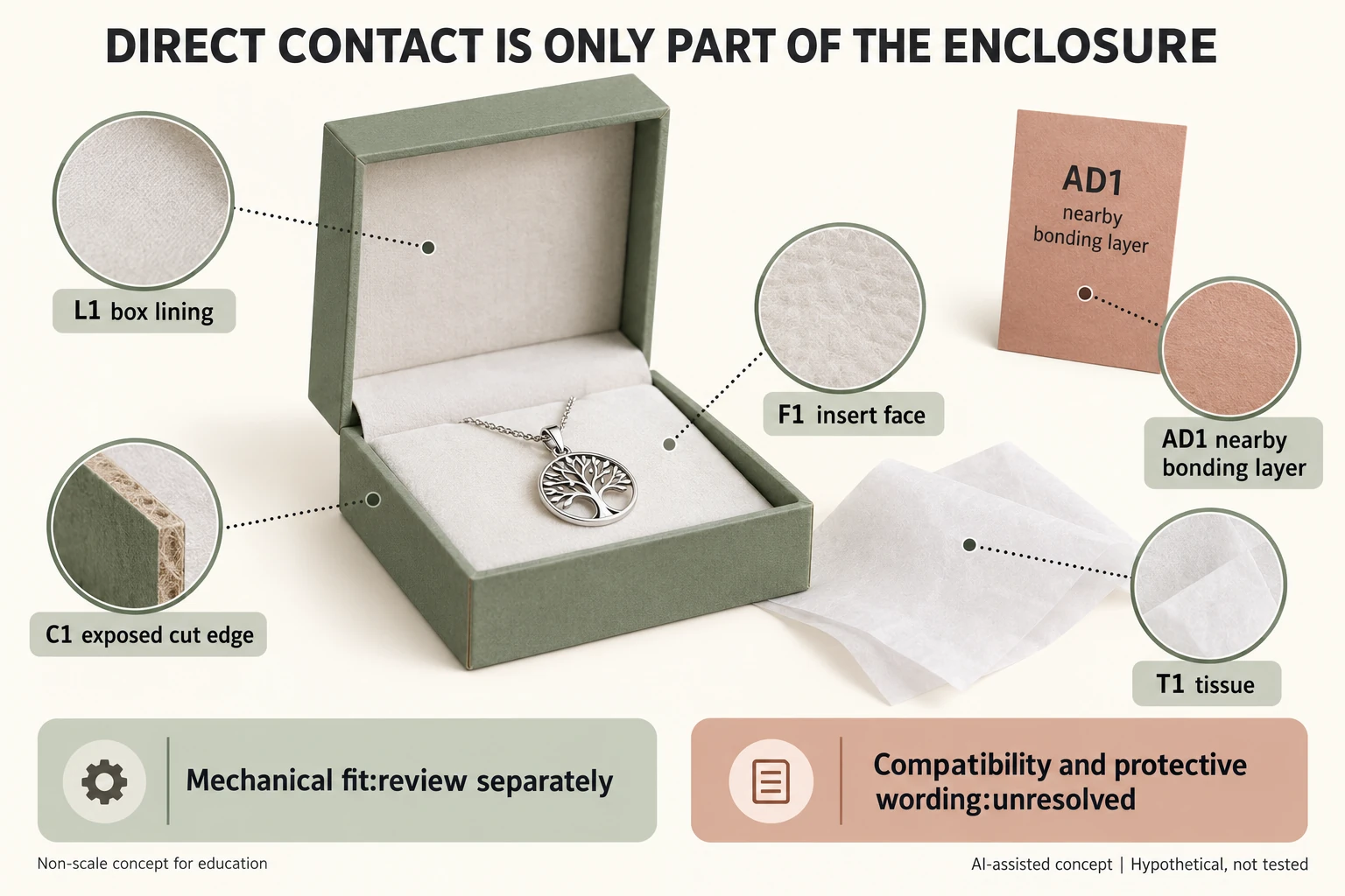 Proposed F1 C1 L1 AD1 and T1 material identities surround a symbolic pendant while mechanical fit compatibility and protective wording remain separate