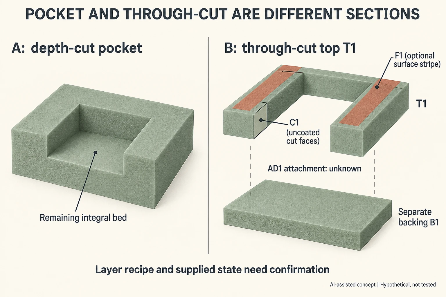 Non-scale pocket A retains an integral bed while through-cut T1 sits above separate B1 with AD1 unknown and F1 distinct from exposed C1