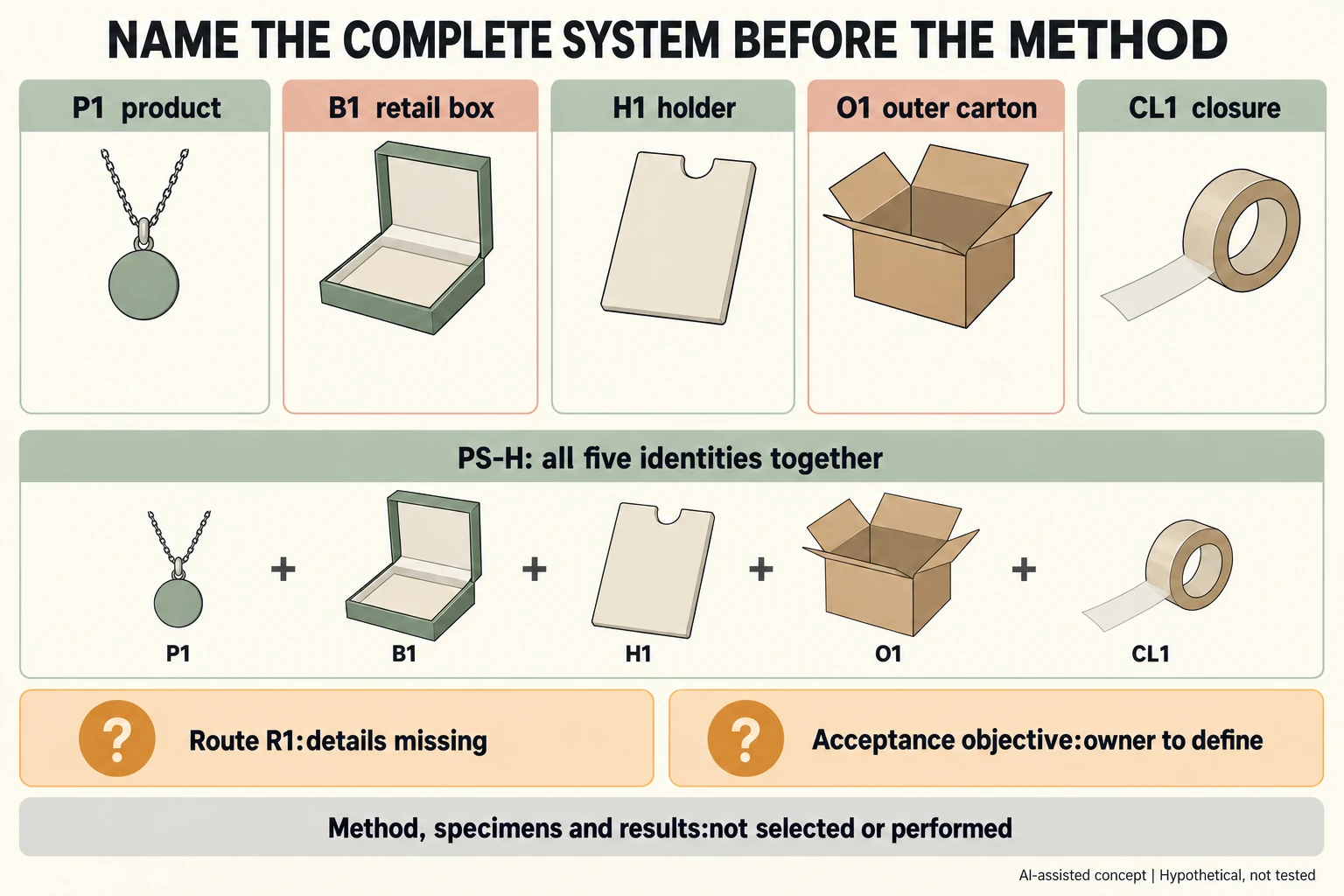 P1 B1 empty H1 O1 and CL1 identity categories combine as PS-H while route acceptance objective and method remain open