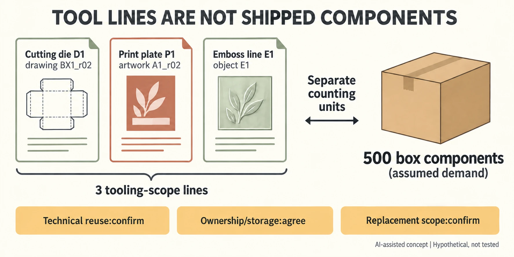Three D1 P1 E1 tooling-scope document lines remain separate from 500 assumed box components and unresolved reuse ownership storage replacement questions