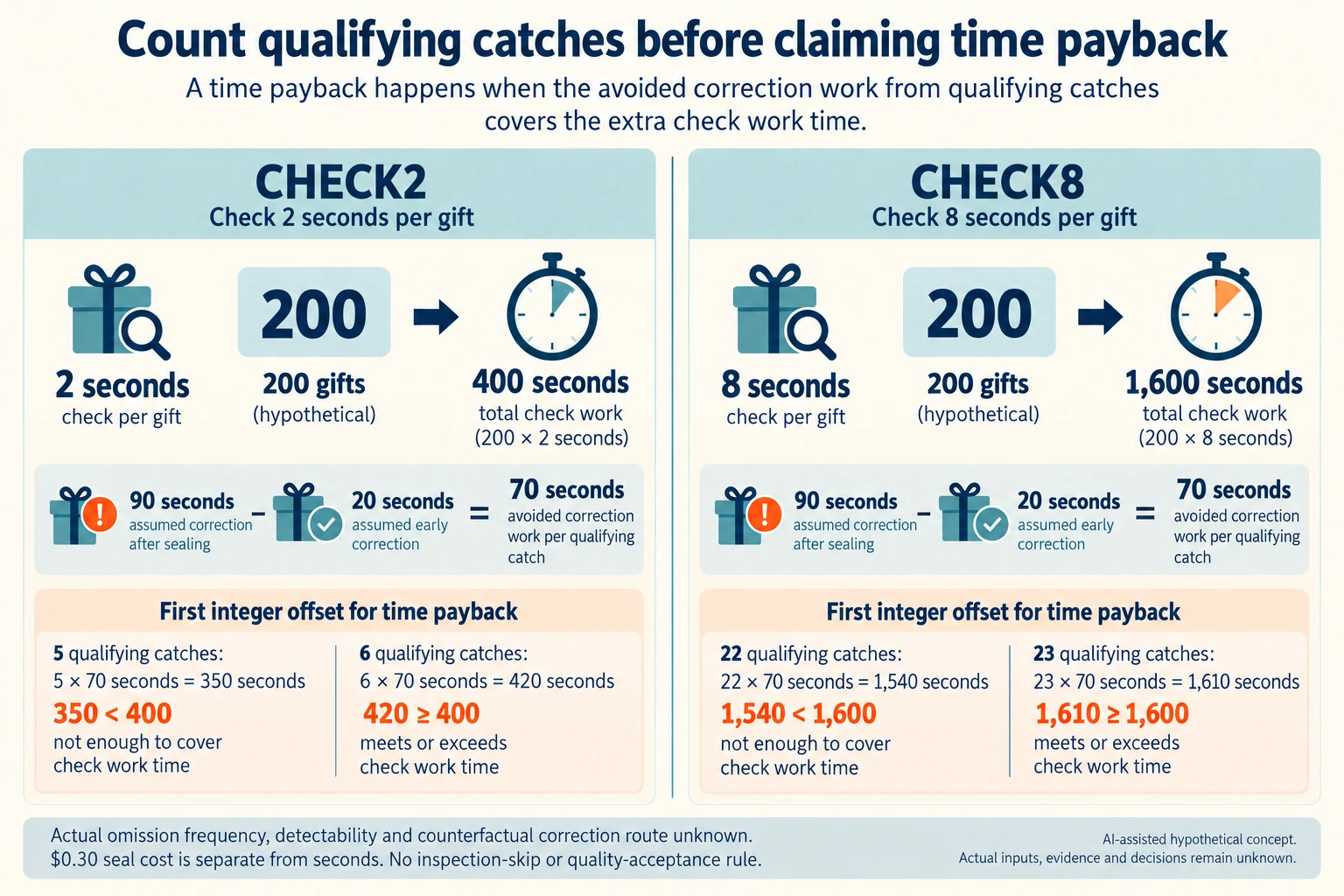 Hypothetical concept: Count the qualifying catches needed to offset check work. Actual inputs, physical suitability, evidence and decisions remain unknown.