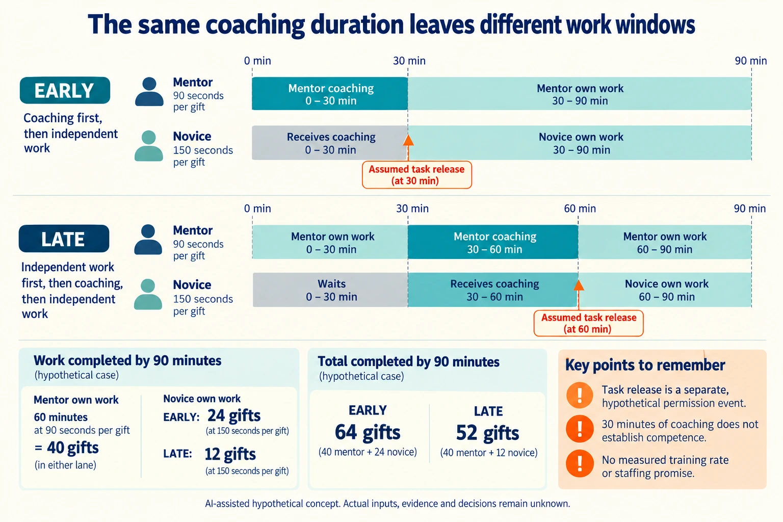 Hypothetical concept: Place the coaching event inside both work windows. Actual inputs, physical suitability, evidence and decisions remain unknown.