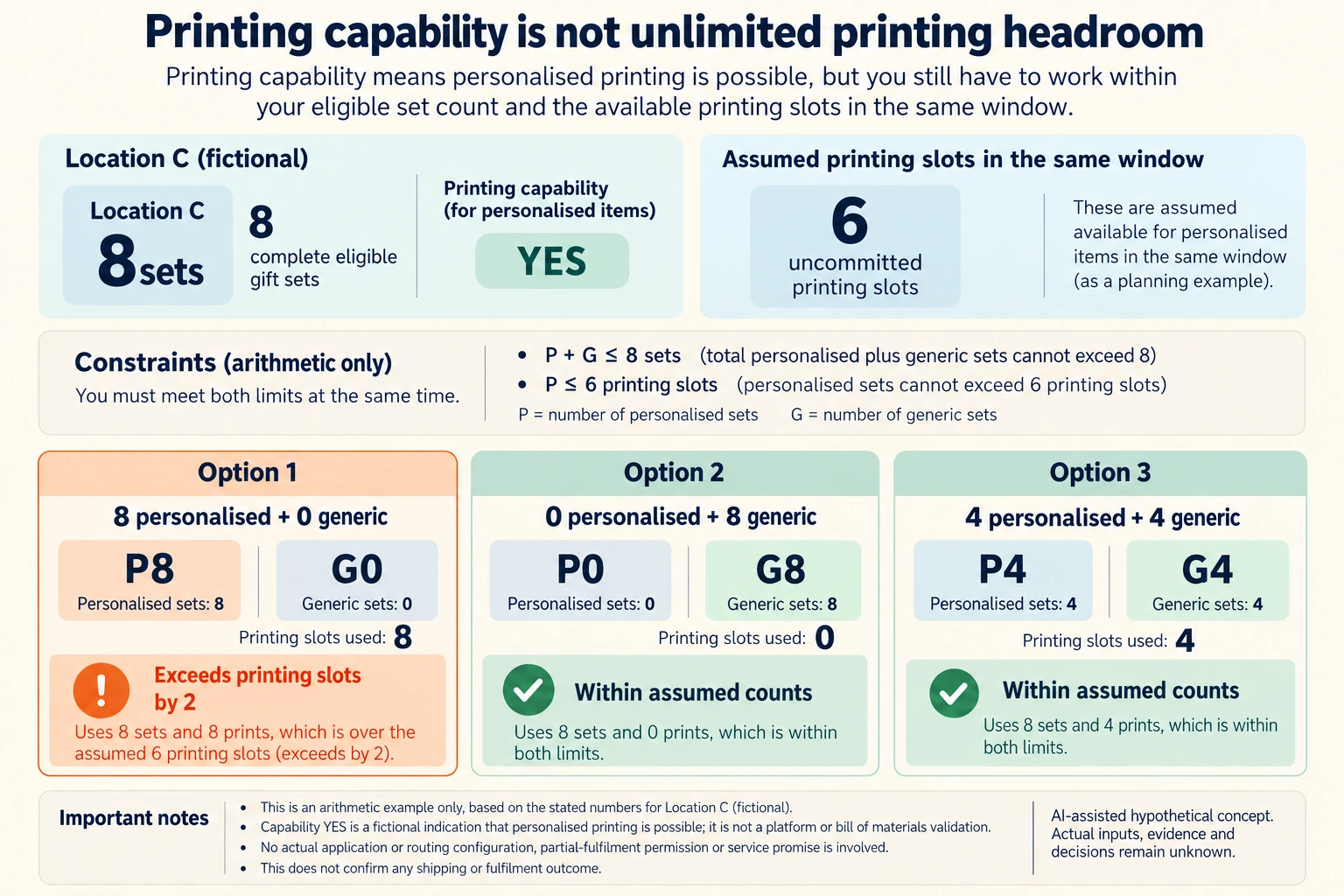 Hypothetical concept: Separate printing capability from remaining printing slots. Actual inputs, physical suitability, evidence and decisions remain unknown.