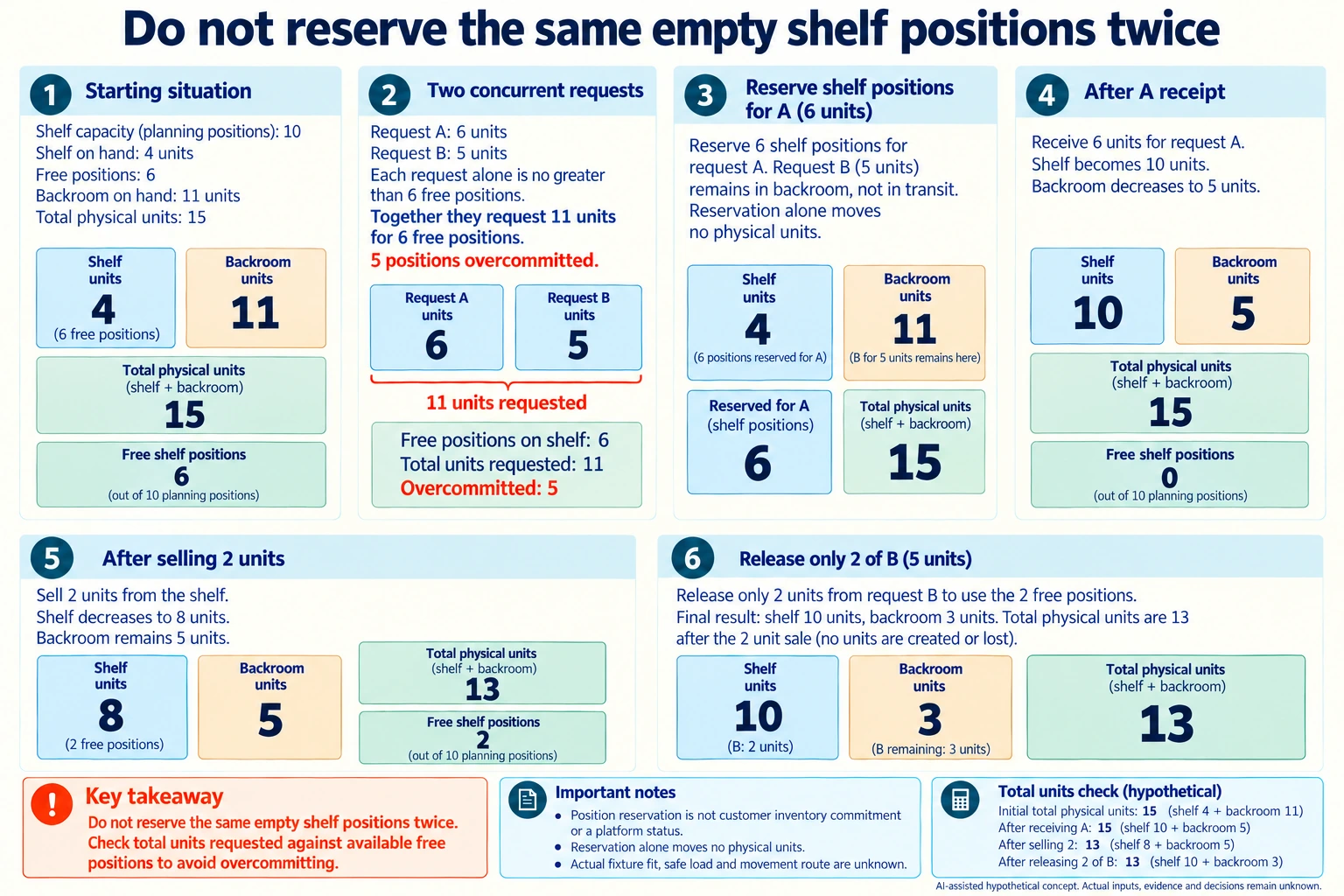 Hypothetical concept: Reserve the destination positions before releasing a refill. Actual inputs, physical suitability, evidence and decisions remain unknown.