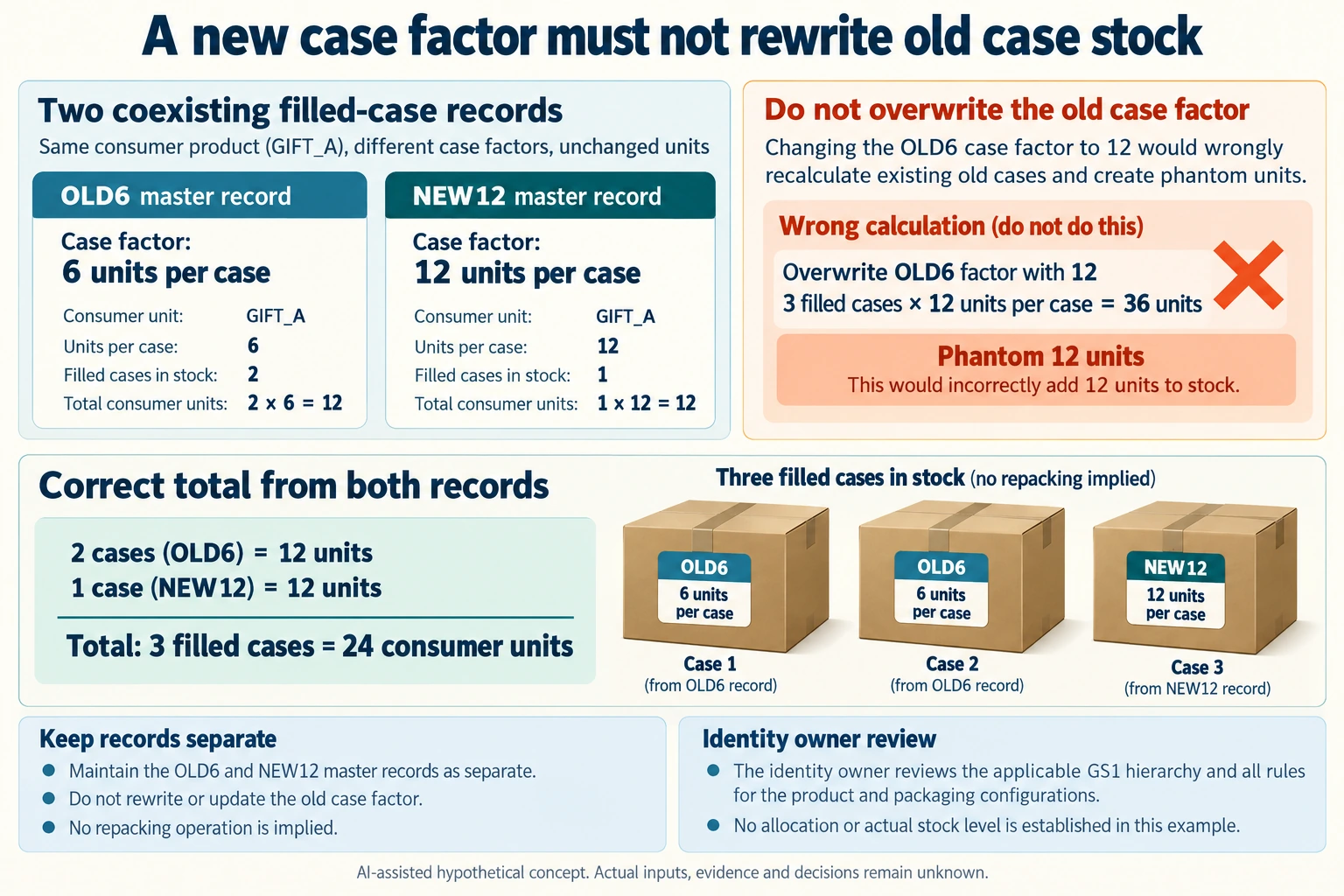 Hypothetical concept: Keep the old case factor while old case stock remains. Actual inputs, physical suitability, evidence and decisions remain unknown.