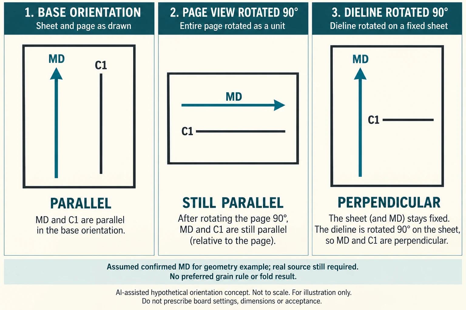 C1 stays parallel to MD when the whole view rotates but becomes perpendicular when only the dieline rotates on a fixed sheet