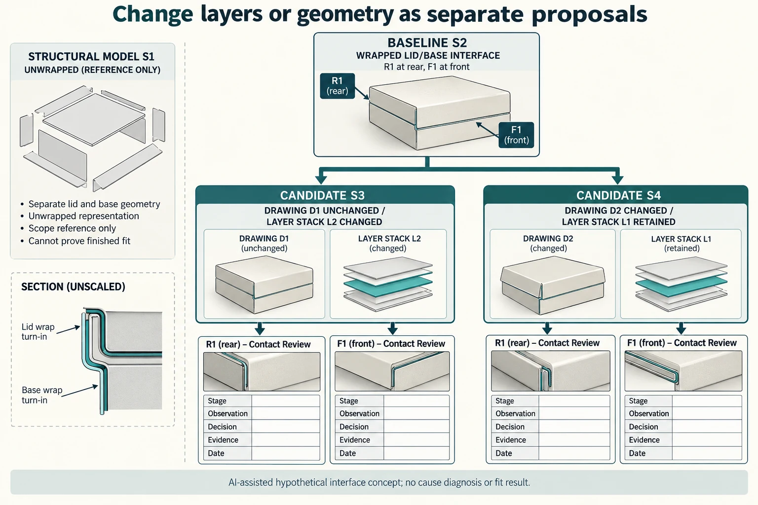 Wrapped baseline S2 branches to layer-stack candidate S3 and geometry candidate S4 with independent rear R1 and front F1 contact reviews