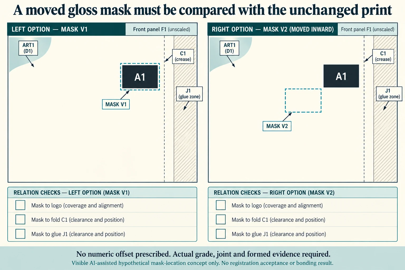 V1 and proposed inward V2 masks are compared against the same F1 D1 ART1 and logo A1 with separate logo fold C1 and glue J1 reviews