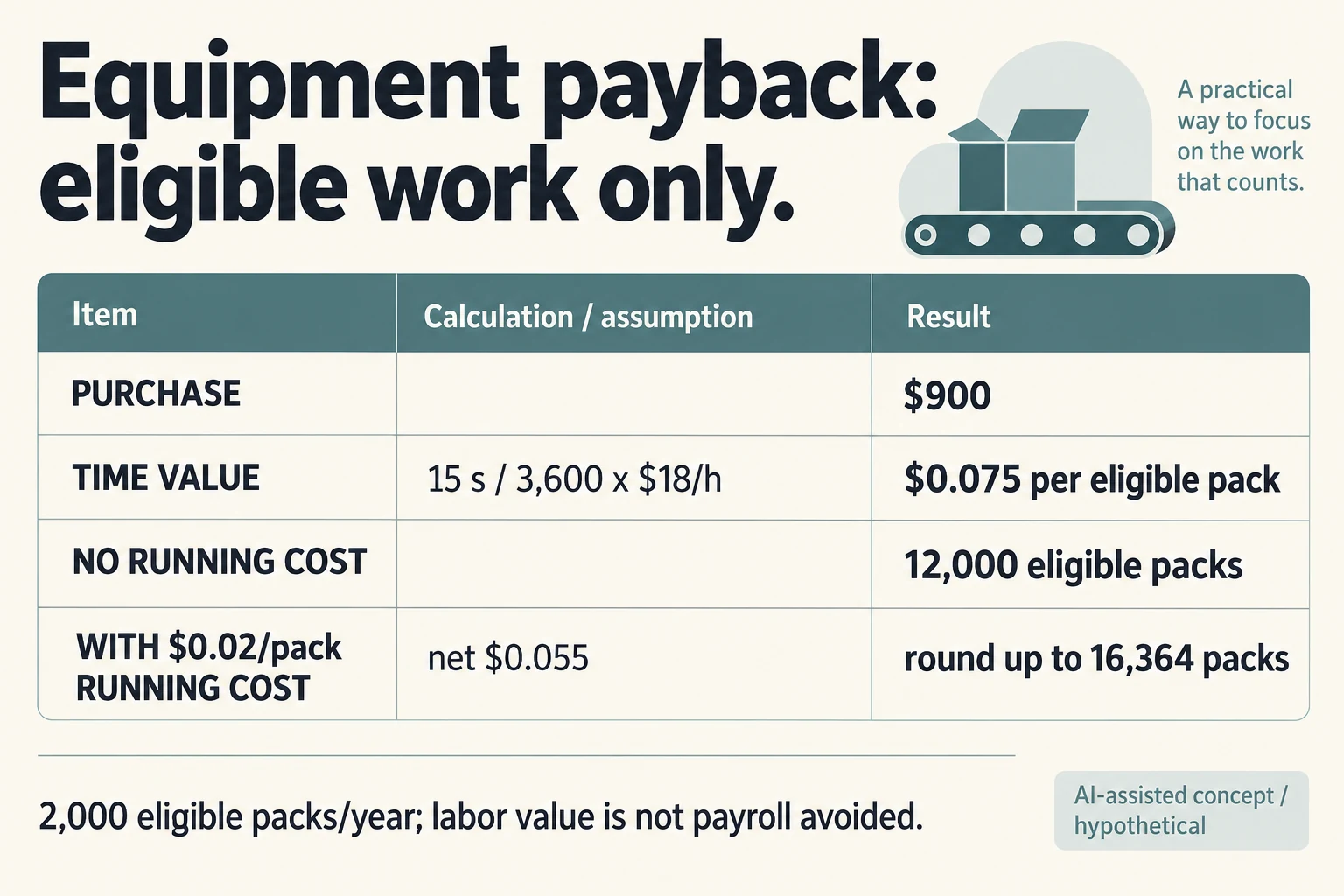 Equipment payback compares 12000 packs without running cost and 16364 with running cost at 2000 eligible packs yearly