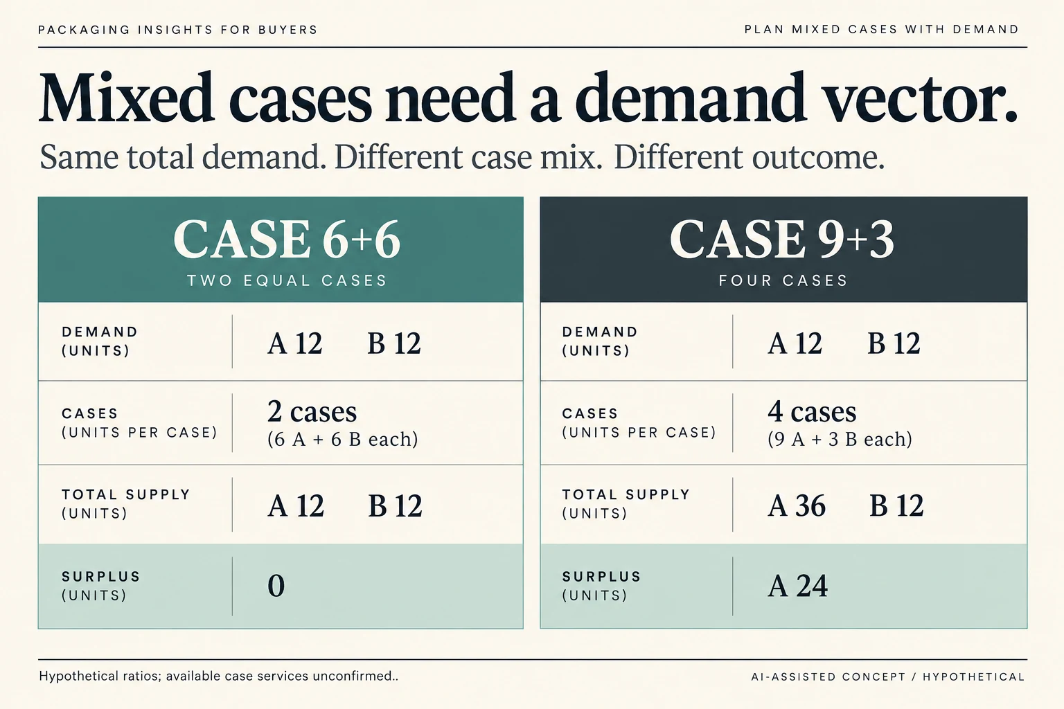 Equal demand 12 A 12 B requires 2 cases 6 plus 6 or 4 cases 9 plus 3 with 24 A surplus