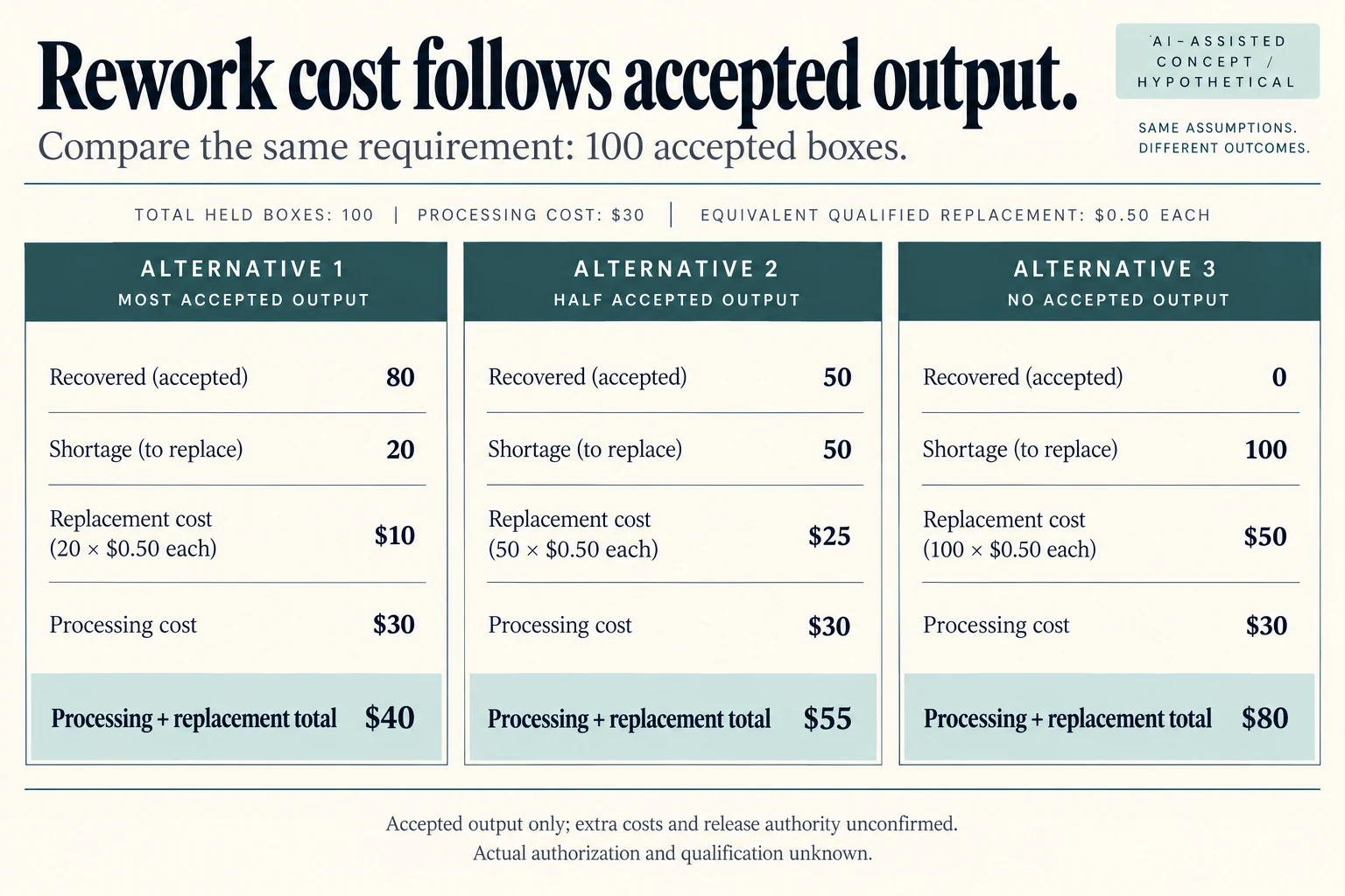 Hypothetical recovered 80 50 0 boxes leave 20 50 100 replacements and limited combined cost 40 55 80 USD