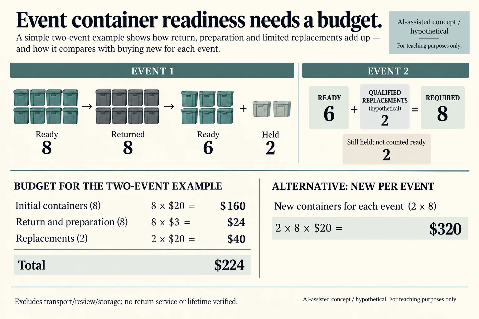 Eight returned containers split 6 ready 2 held and 2 qualified replacements feed event 2 with limited two-event cost 224 versus 320 USD