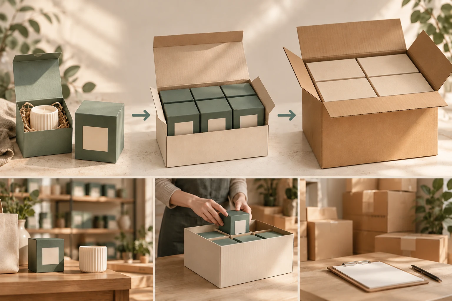 Retail candle gift, open inner pack grouping six retail gifts, and master carton containing four complete closed inner packs