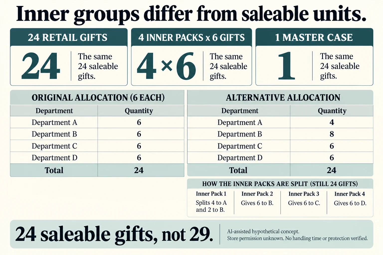 Twenty-four retail gifts in 4 inners and 1 master become uneven department demand 4 8 6 6 requiring split and redistribution