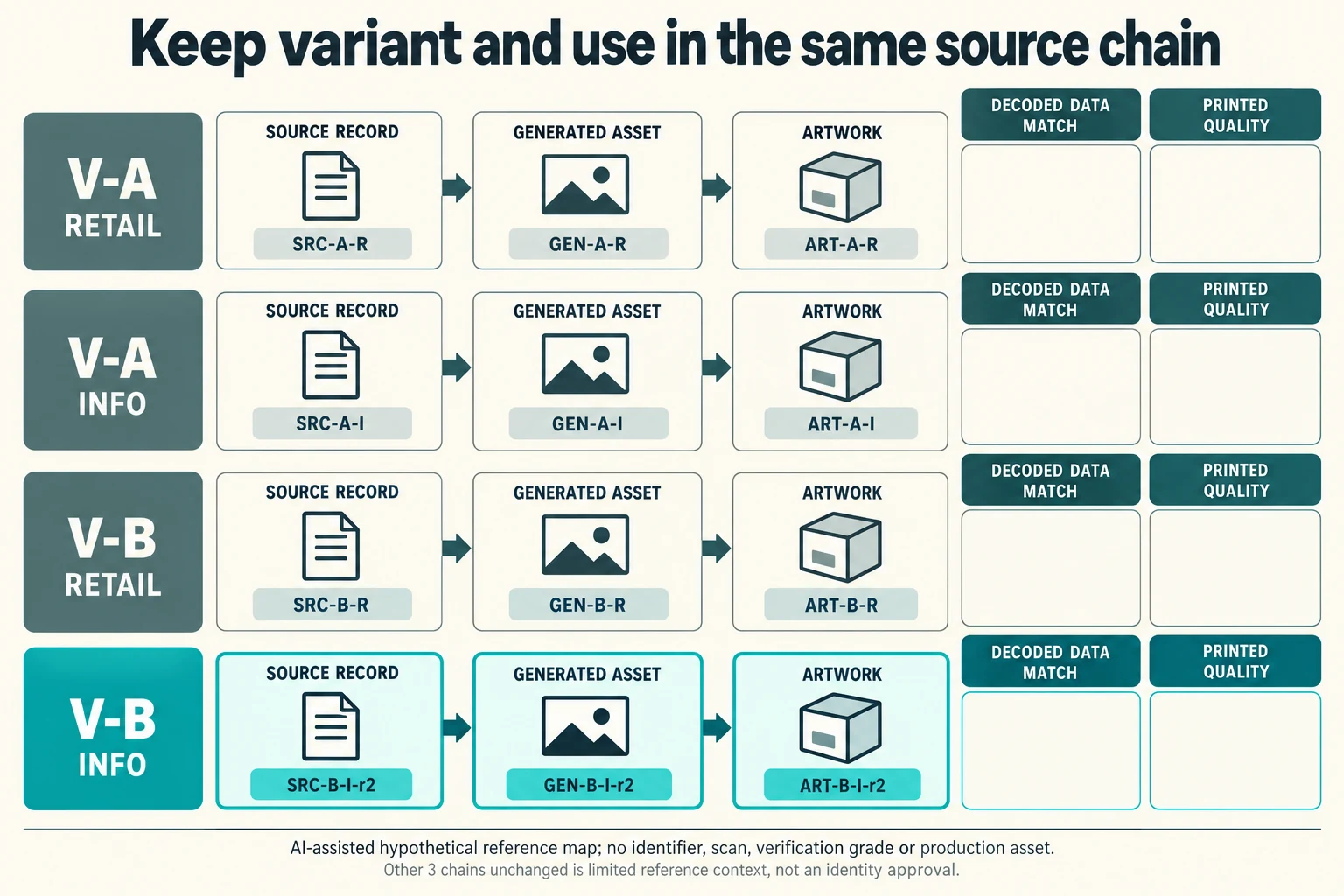 Four hypothetical variant and use chains keep source generated asset and artwork references linked, with only B INFO revised and print quality separate