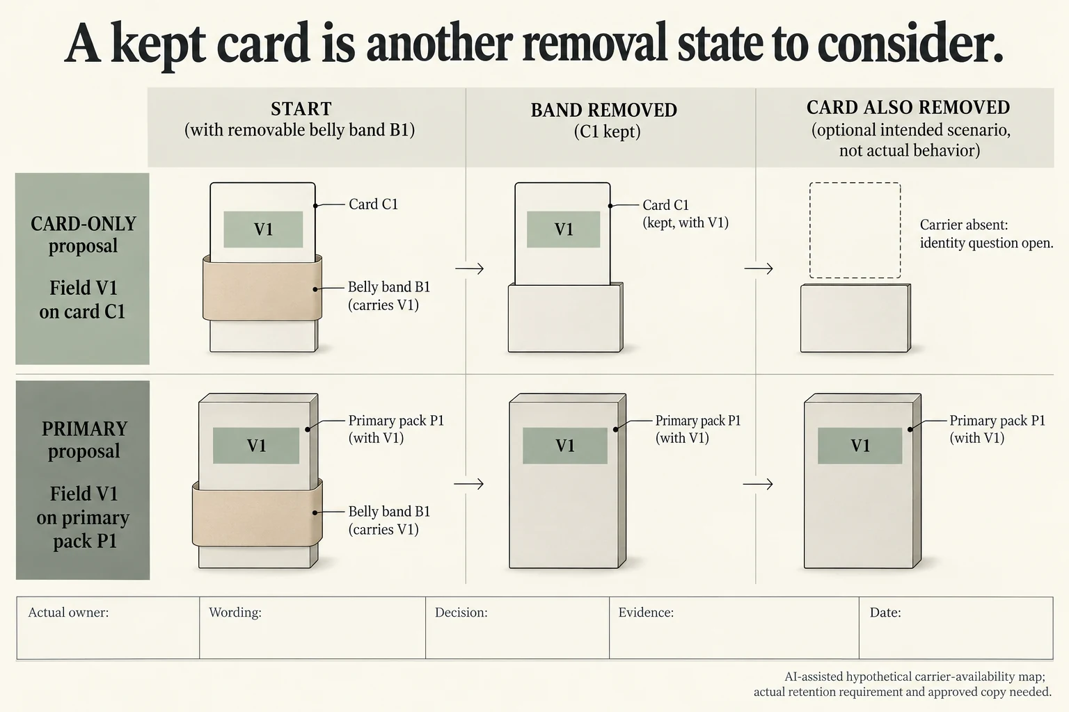 Card-only and primary-pack variant-field proposals are compared after band removal and optional card removal, without inventing actual product identifiers